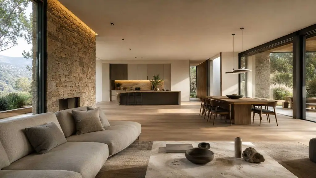 Interno di casa moderna con open space, grandi vetrate e materiali naturali