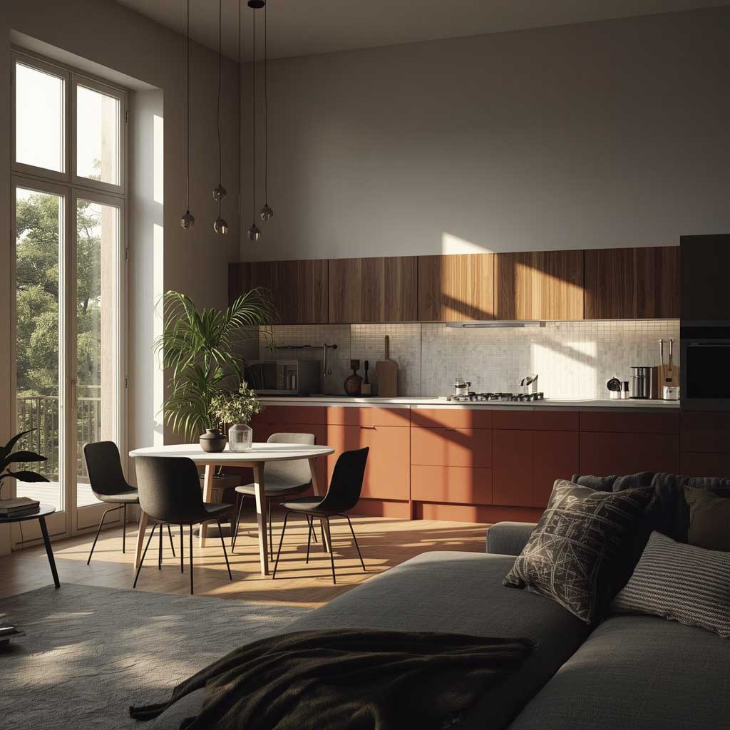 Render fotorealistico di ambiente living con cucina durante il tardo pomeriggio, luce naturale che entra da grandi finestre, ombre morbide sulle superfici.