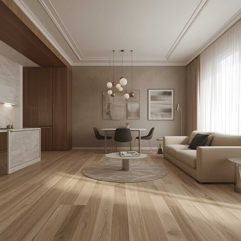 Render fotorealistico di dettaglio interno con pavimento in legno, rivestimento cucina in pietra, superfici laccate opache, tessuti del divano e pareti in tonalit&agrave; neutre