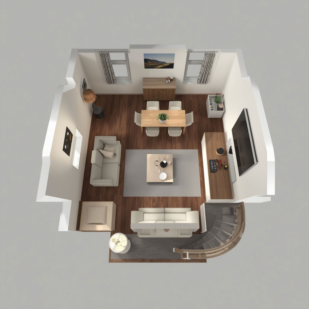 Render fotorealistico di un soggiorno con cucina a vista, vista leggermente dall&rsquo;alto, arredi ben distribuiti.