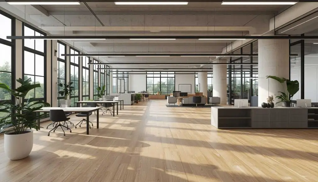 Render fotorealistico di un ufficio contemporaneo progettato su misura, con open space ordinato