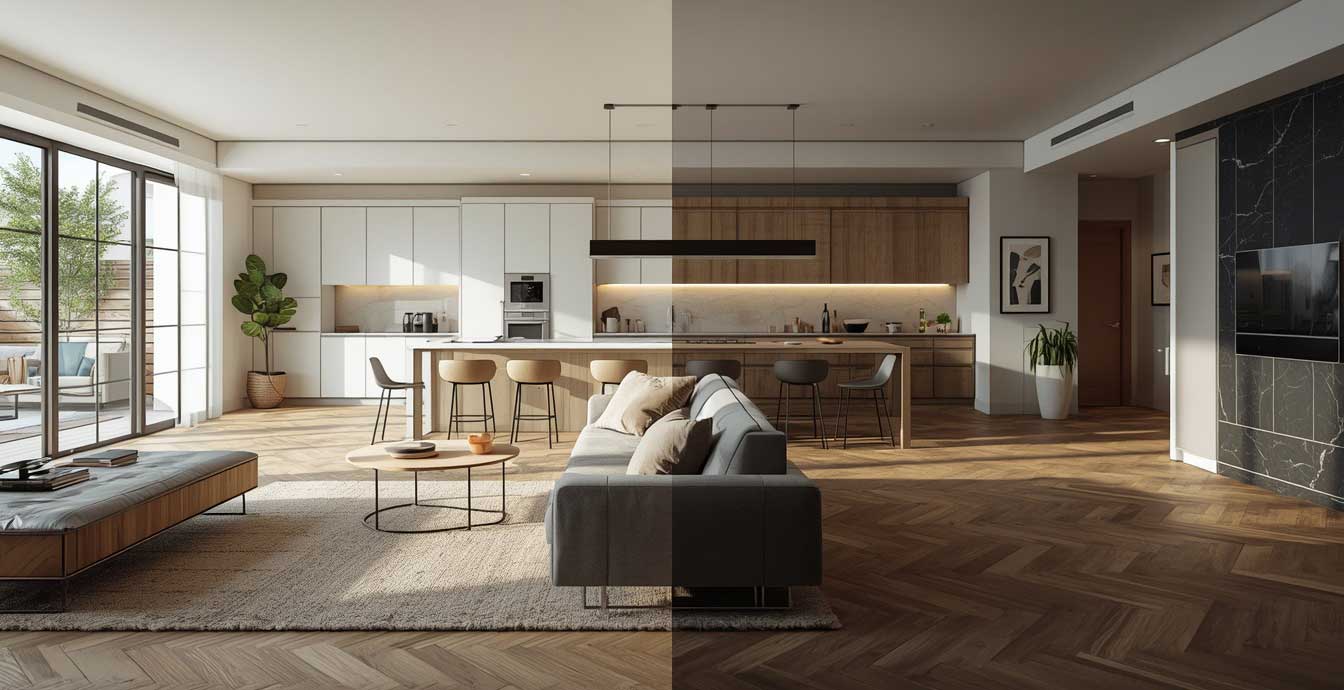 Render fotorealistico con due immagini affiancate dello stesso identico ambiente living con cucina open space, divise verticalmente in &ldquo;Variante A&rdquo; e &ldquo;Variante B&rdquo;.