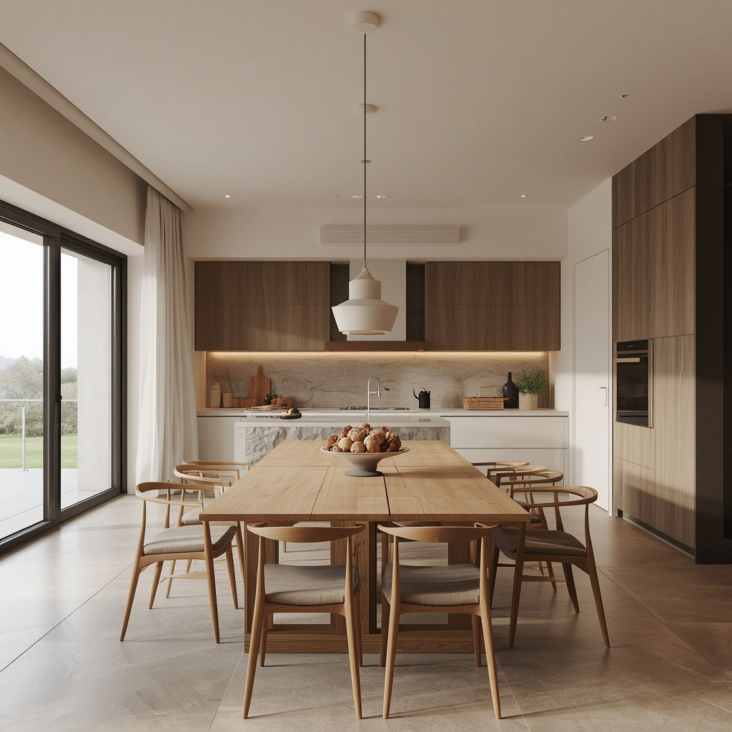 Render fotorealistico di un soggiorno con cucina open space in stile caldo e materico