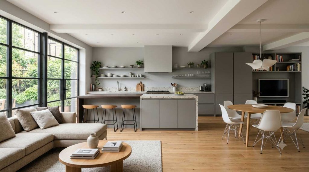 Render fotorealistico di un living con cucina a vista in stile contemporaneo, ambiente luminoso con grandi finestre, luce naturale morbida, pavimento in legno chiaro